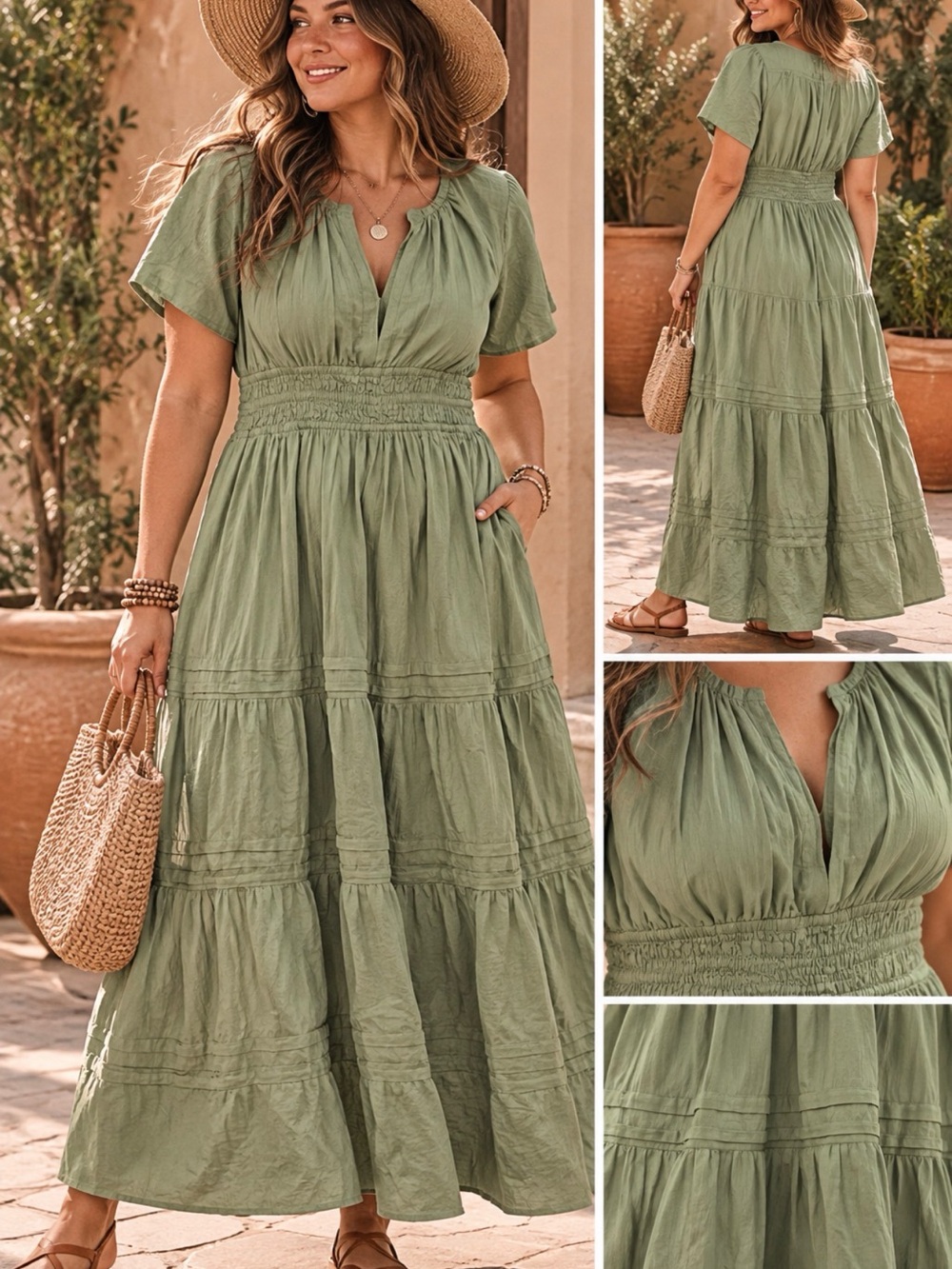 By Anthropologie Sage Green Smocked Waist Tiered Maxi Dress 1X -NWT
